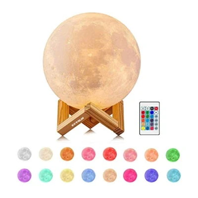 Image de Lampe Lune 3D EXTSUD Veilleuse LED 15CM Dimmable 16 Couleurs avec Télécommande et Interrupteur Tactile USB Rechargeable de Nuit pour Chambre Salon Café Cadeau Anniversaire Noël