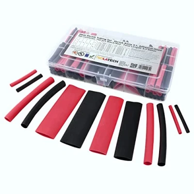Image de 142 pcs de gaine thermorétractable mélange noir et rouge ratio 3:1 avec du adhésif. Longueur totale 8,3m dans une boîte pratique. Par ISOLATECH