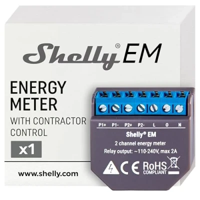 Image de Shelly EM Module Compteur d&#039;énergie intelligent Wi Fi, 2 canaux (120A), Domotique, Haute précision, Mesure production photovoltaïque, Compatible avec Alexa et Google Home, App iOS Android