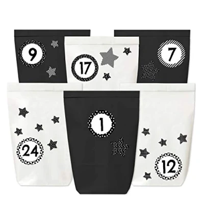 Image de Calendrier de l&#039;Avent à remplir 24 Sacs en Papier Noir et Blanc Autocollants Chiffres (Noir avec des étoiles) Faire soi même Mini Set 113 Noël 2021