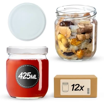 Image de KADAX Lot de 12 pots à confiture avec couvercle visser, 425 ml, bocaux conservation pour confitures, miel (blancs)