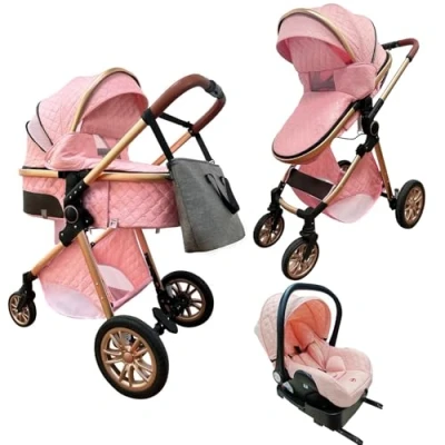 Image de Lnhcrbs Poussette 3 en 1, Compacte Pliable d&#039;Un Seul Geste, Conçue Pour Les Bébés et Jeunes Enfants Âgés de 0 ans,Poussette Tout Terrain avec Moustiquaire Housse Pluie