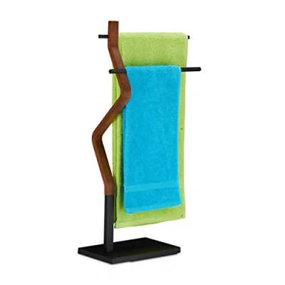 Image de Relaxdays Porte Serviettes Autonome, Support à torchons, 2 Barres, pour lavettes, Bois &amp; métal, Noir/Marron, 1 élément