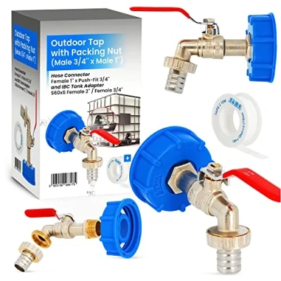 Image de Robinet Cuve IBC Raccord de Tuyau Adaptateur Réservoir Vidange (3/4 RM x 1&quot; RH)