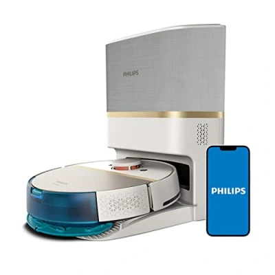 Image de Philips Homerun Série 7000 Robot Aspirateur Laveur, Haute Puissance d&#039;aspiration (5000 Pa), Détection des Petits Objets, avec Station, pour Tapis et Poils d&#039;animaux, Blanc, App Connectée, XU7100/02