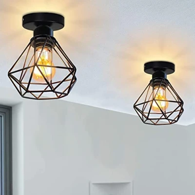 Image de iDEGU Lot de 2 Plafonnier Industrielle en Métal Cage Carré, 16CM Lustre Abat jour Fer Luminaire E27 40W Noir pour Salon Chambre Bar (Mini Diamant A)