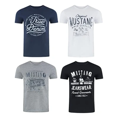 Image de Mustang Lot de 4 t shirts pour homme avec imprimé sur le devant et col rond Mélange couleurs bleu noir Multicolore X Large