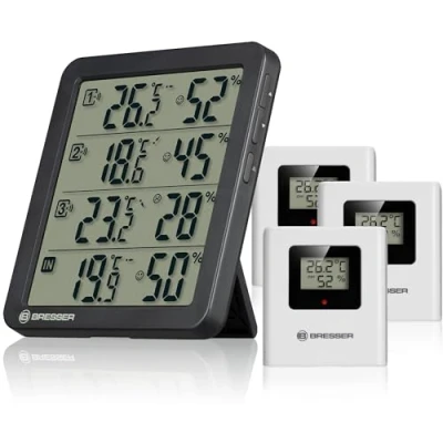 Image de Bresser Quadro NV Thermo Hygromètre avec 4 points de mesure, capteur intégré et 3 capteurs sans fil, indicateur Smiley, mémoire Min/Max, IP44