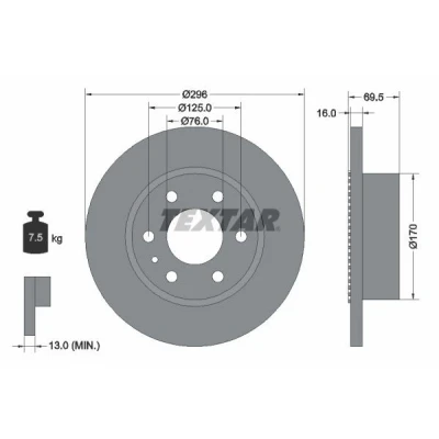 Image de TEXTAR 93177500 Disque de frein 296 16 06/07 125 plein avec bague ABS, sans boulon fix roue, moyeu roue IVECO: DAILY 4 Kasten/Kombi