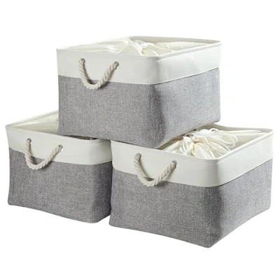 Image de Mangata Boite de Rangement Tissu Grand, Panier rectangulaire Dressing avec poignée pour Jouets, Armoire (Set of 3, Pliable,XXL, Gris Blanc)