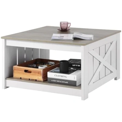 Image de VEVOR Table Basse, 800 x 455 mm, de Salon carrée avec Compartiment Rangement Ouvert, 81,7 kg, Cocktail Rustique en Bois pour Salon, Chambre, Appartement, Studio, Gris et Blanc
