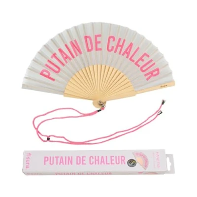Image de Éventail original avec message &quot;P de chaleur&quot;. en bois moderne et amusant. rose violet. 42,5 x 23 FISURA