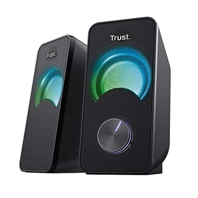 Image de Trust Arys Enceinte PC 2.0 Compacte, 12 W (6 RMS), Alimentation USB, Connexion Jack 3,5 mm, Éclairage LED, Haut Parleur pour PC, Ordinateur Portable Noir