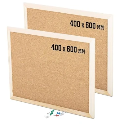 Image de KAV Lot de 2 notes en liège avec 6 punaises classiques bois naturel, marron (différentes tailles au choix) (400 mm x 600 mm)
