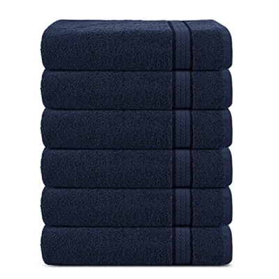 Image de Sweet Needle, Serviette de Bain Super Douce 580 g/m², 100% Coton filé à l&#039;anneau Absorbant avec Passepoil en Rayonne, Coton, Bleu Marine, débarbouillettes Lot 6