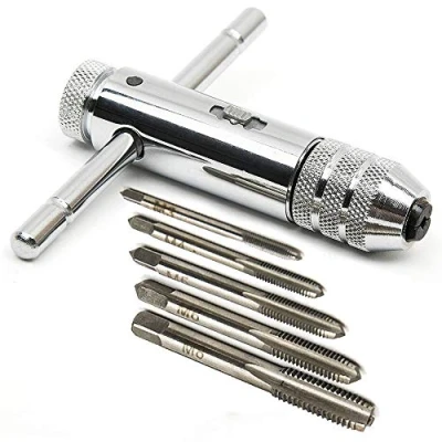 Image de Deolven Tourne à gauche Cliquet en T,Réglable Clé Taraud Forme de T HSS Support Robinet Bar Manipuler avec 5 Tailles Tarauds Main M3 M8 3mm 8mm
