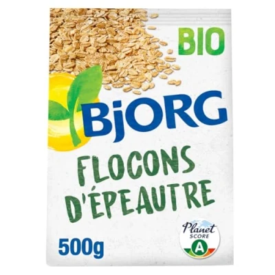 Image de BJORG Flocons D&#039;épeautre Bio Complet Riches En Fibres Source de Protéines Céréale complète Sachet 500G