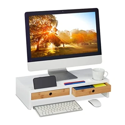 Image de Relaxdays Support d&#039;écran, 2 tiroirs, réhausseur d&#039;écran d&#039;ordinateur, Laptop, HxLxP : 12x56x27 cm, MDF, Bambou, Blanc