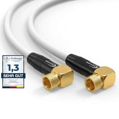 Image de RedStar24 Câble SAT Premium 2m Coaxial Connecteur F coudé 90 Classe A+ Antenne Fiche pour TV, Routeur &amp; Modem Internet Supporte HD, 4K UHD,8K, DVB S/S2 Satellite Blanc