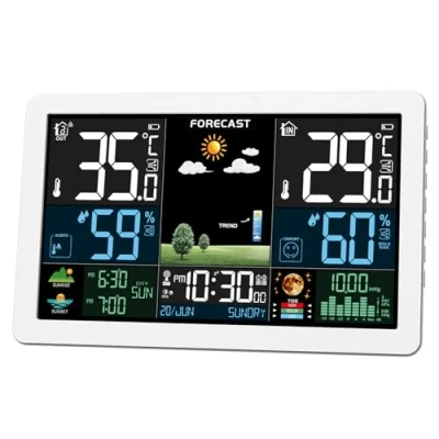 Image de Station Météo Numérique Sans Fil avec Capteur Extérieur, Écran LCD Coloré, Baromètre, Phase de Lune, Alarme, Réveil, Prévision Météo, Rétroéclairage Réglable, Blanc