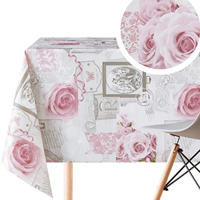 Image de KP HOME Nappe Toile Cirée Rectangulaire 140x200 Gris Clair Motif de Roses Anglaises Épaisse Essuyable Imperméable en Ciree Facile à Nettoyer Fleur Shabby Chic Rétro Plastique
