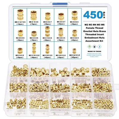Image de Gueenky 450 Pièces Écrous Moletés en Laiton, M2 M3 M4 M5 M6 Insert Fileté Filetage Femelle, 15 Tailles Douilles Filetées Moleté Laiton Injection Moulage pour Impression 3D