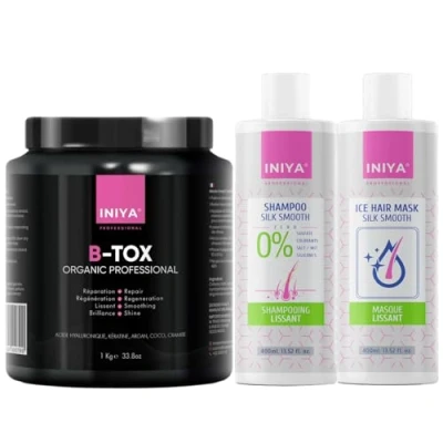 Image de B Tox Capillaire Professionnel Sans Formol 1kg Acide Hyaluronique, Kératine, Argan, Coco Organic Iniya Professional Lissant &amp; Effet Miroir Kit Shampooing Soin Réparation Sulfate