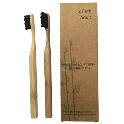 Image de Lot de 2 brosses à dents en bambou avec manche rond et charbon actif 100 % recyclable respectueux l&#039;environnement