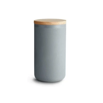 Image de SPRINGLANE conteneurs de stockage en céramique avec rayures couvercle bois, couvercles bois d&#039;hévéa, (Gris Foncé, 10,1 x 18,3 cm)