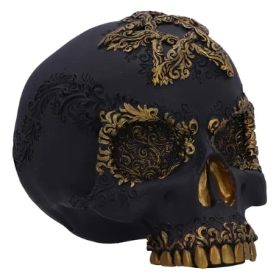Image de Nemesis Now Figurine de crâne Divine Demise 15,5 cm, en résine, Noir et Or, décoration Style baroque, Gothique, moulée dans la résine Plus Fine, habilement Peinte à Main