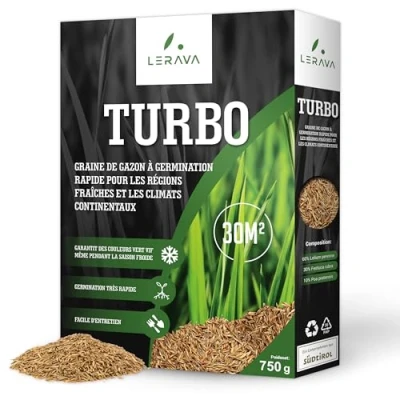 Image de LERAVA® TURBO gazon a semer pousse rapide 30m² pelouse pour les zones ombragées et fraîches ombre 98% de pureté rustique couleurs vert vif graine résistant