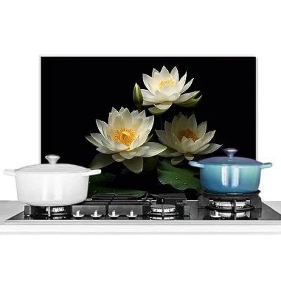 Image de KitchenYeah© Crédence pour la Cuisine Murale 70x50 cm Aluminium Accessoire Déco Protège Mur Plaque Anti Protection Lotus Fleurs Blanc Nature Noir