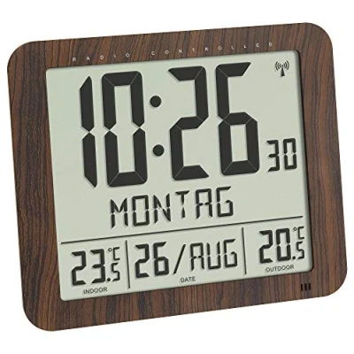 Image de TFA Dostmann 60.4518.08 Horloge Murale radiocommandée Aspect Bois avec émetteur extérieur, température intérieure et extérieure, Facile à Lire, Date Jour de la Semaine, Marron