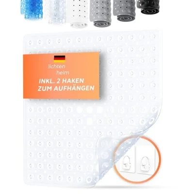 Image de LICHTENHEIM Tapis de douche antidérapant sensible 53 x cm Avec 2 crochets bain Sans BPA résistant à la moisissure et lavable (transparent)