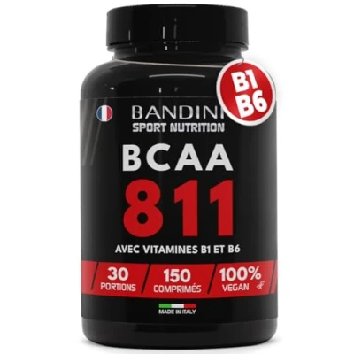 Image de Bandini® BCAA 8.1.1 Acides Aminés à Chaîne Ramifiée, Leucine, Isoleucine, Valine + Vitamine B1 et B6 Récupération Musculaire Pré Post Workout Acide Amines 8:1:1 150 comprimés 100% Vegan