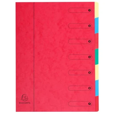 Image de Exacompta Réf. 5107E Carton de 8 trieurs HARMONIKA sans élastiques et fenêtres imprimées couverture en carte lustrée dos extensible 7 compartiments pour A4 dim 24,5 x 32cm rouge