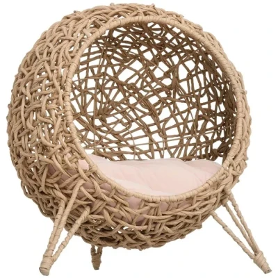 Image de PawHut Panier Chat lit surélevé Cosy Niche Grotte à Grand Confort dim. Ø 52 x 58H cm Coussin Moelleux Inclus résine tressée Imitation rotin Beige
