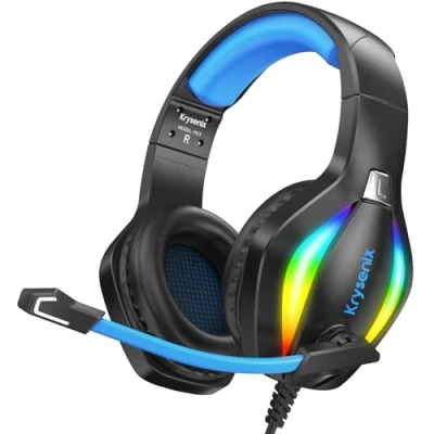 Image de Krysenix PG1 Casque Gaming pour PS4/PS5/PC/Xbox/Nintendo Switch, Gamer avec Son Microphone Stéréo AI, PS5 Prise Jack 3,5 mm et lumière RVB, Noir/Bleu