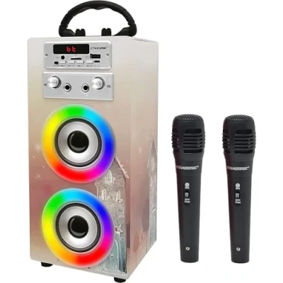 Image de Machine à Karaoké Portable DYNASONIC avec 2 Micros, Enceinte Haut Parleur Bluetooth, Designs Exclusifs, Lecteur USB/SD, Lumières, Cadeau pour Enfants (Modele 19)