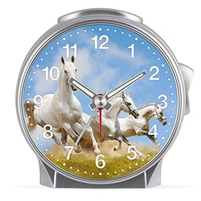 Image de Eurotime Réveil avec boîtier et verre en plastique, mouvement silencieux sans tic tac, lumière répétition de l’alarme Motif cheval pour fille