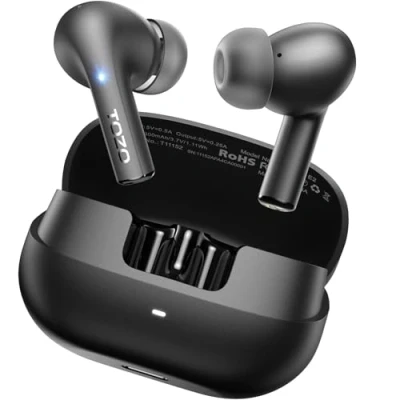 Image de TOZO E2 Écouteurs Bluetooth sans Fil 32EQs APP, Ecouteurs 32H Lecture, 10mm Pilotes Basses Puissantes, Ecoutuers 5.3, 2 Mics Appels Clairs, Port Confortable Noir