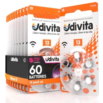 Image de 60 Piles pour appareils auditifs Batteries Udivita Type 13
