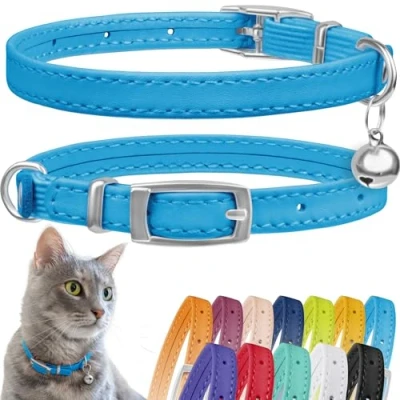 Image de CollarDirect Collier pour Chat en Cuir, de Sécurité avec Sangle Elastique, Chaton Cloche Noir Bleu Rouge Orange Vert Lime (Bleu Clair, 20 28 cm)