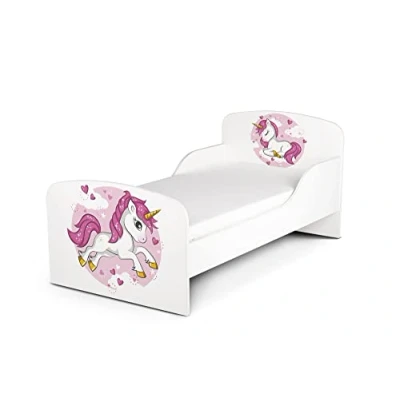 Image de Leomark Moderne Lit d&#039;enfant Toddler, Zone de Couchage 70/140 cm avec Matelas Lovely Unicorn Chambre pour Les Enfants, Meubles Confortable Fonctionnel, Simple