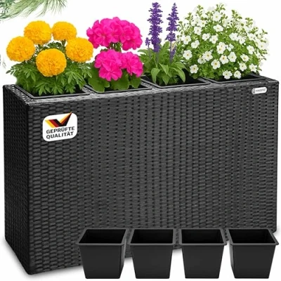 Image de Casaria bac à Fleurs polyrotin Noir 4 Compartiments Pot intérieur 95x27x60cm de Vertical extérieur
