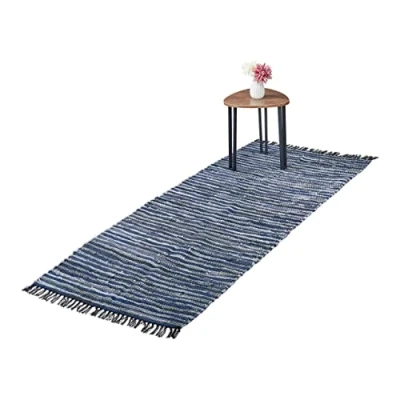 Image de Relaxdays Tapis tissé, 80 x 200 cm, Coton et Cuir, Descente de lit à Franges, antidérapant, natte décorative, Bleu