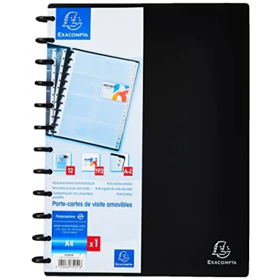 Image de Exacompta Réf. 75251E Porte cartes de visite noir amovible à anneaux en PP rigide capacité 192 pochettes détachables pour insérer 16 format A4 avec intercalaires 12 onglets