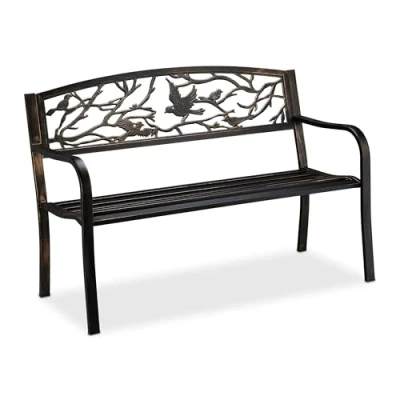 Image de Relaxdays Banc, Motif Oiseau, 2 sièges, Vintage, Jardin et Balcon, Acier, HLP : 87 x 127 57cm, Noir/Bronze, Fonte, 1 élément