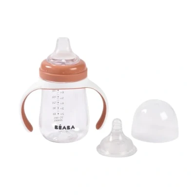 Image de BÉABA, Biberon/Tasse d&#039;apprentissage 2 en 1, Tasse Paille Enfant, 100% étanche, Anti fuite, Facile à Ouvrir, Poignées amovibles, Tritan et Silicone, 210 ml, Terracotta