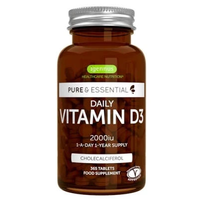 Image de Vitamine D3 Quotidienne 2000 UI Cholécalciférol, cure d’un an, 1 par jour, 365 petits comprimés faciles à avaler, Végétarien Igennus